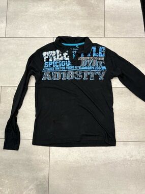 Black Long Sleeve Polo with Blue Graphic Text
